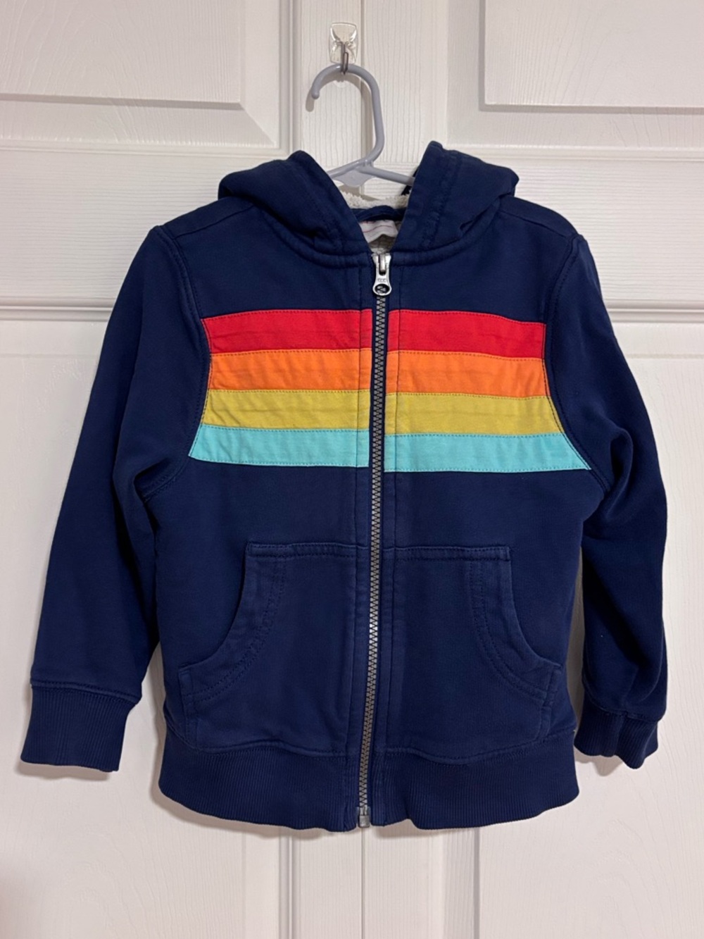 Hanna Andersson Faux Shearling Navy Hoodie with Rainbow Stripes Sz 4